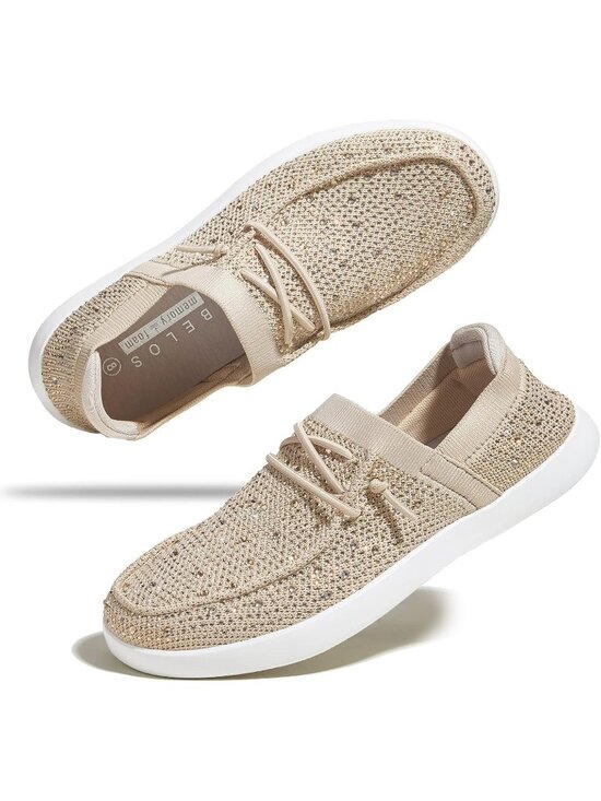Shoes - Women's Beige Knit Comfortable Rhinestone Lace Up Loafers Fashion Sneakers
